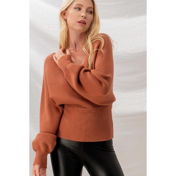 NEW Rust Wrap V Neck Dolman Sleeves Cozy Sweater - Picture 5 of 8